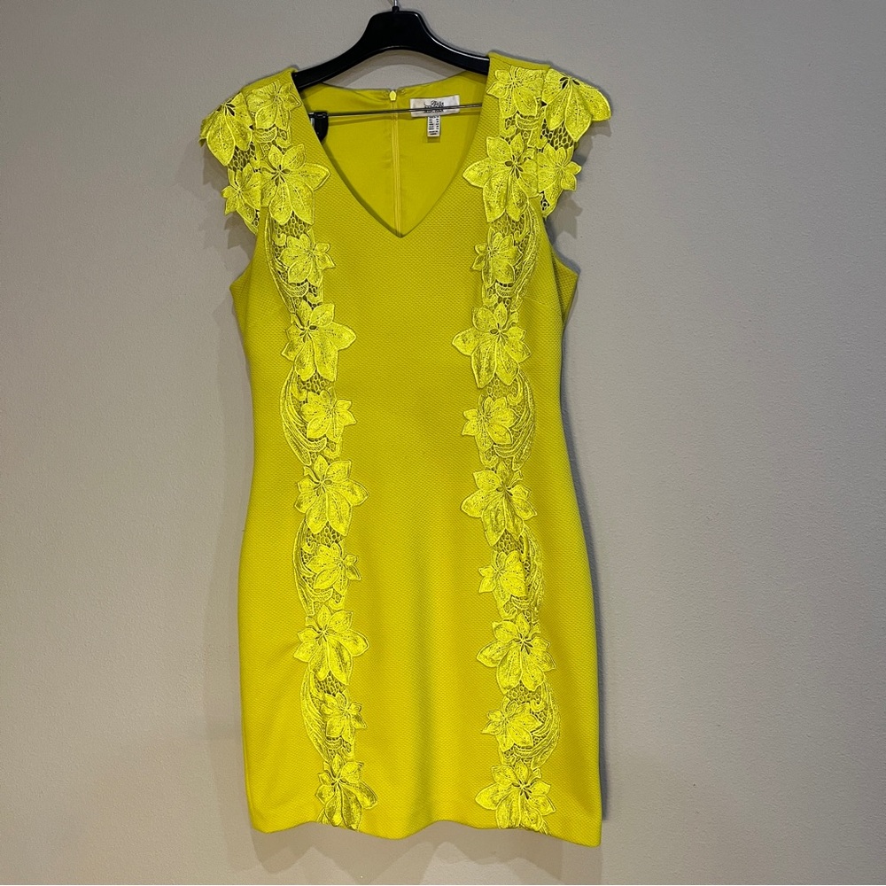 Belle By Badgley Mischka Sz 14 Embroidered Sheath Dress bright yellow Sleeveless